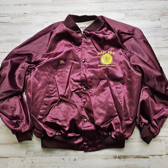 Vintage WESTARK Satin Bomber Jacket Lined American Legion Post Cambridge City LG - Picture 2 of 10